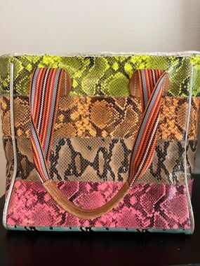 Consuela Multicolor Snake-Print Tote with Striped Webbing Straps